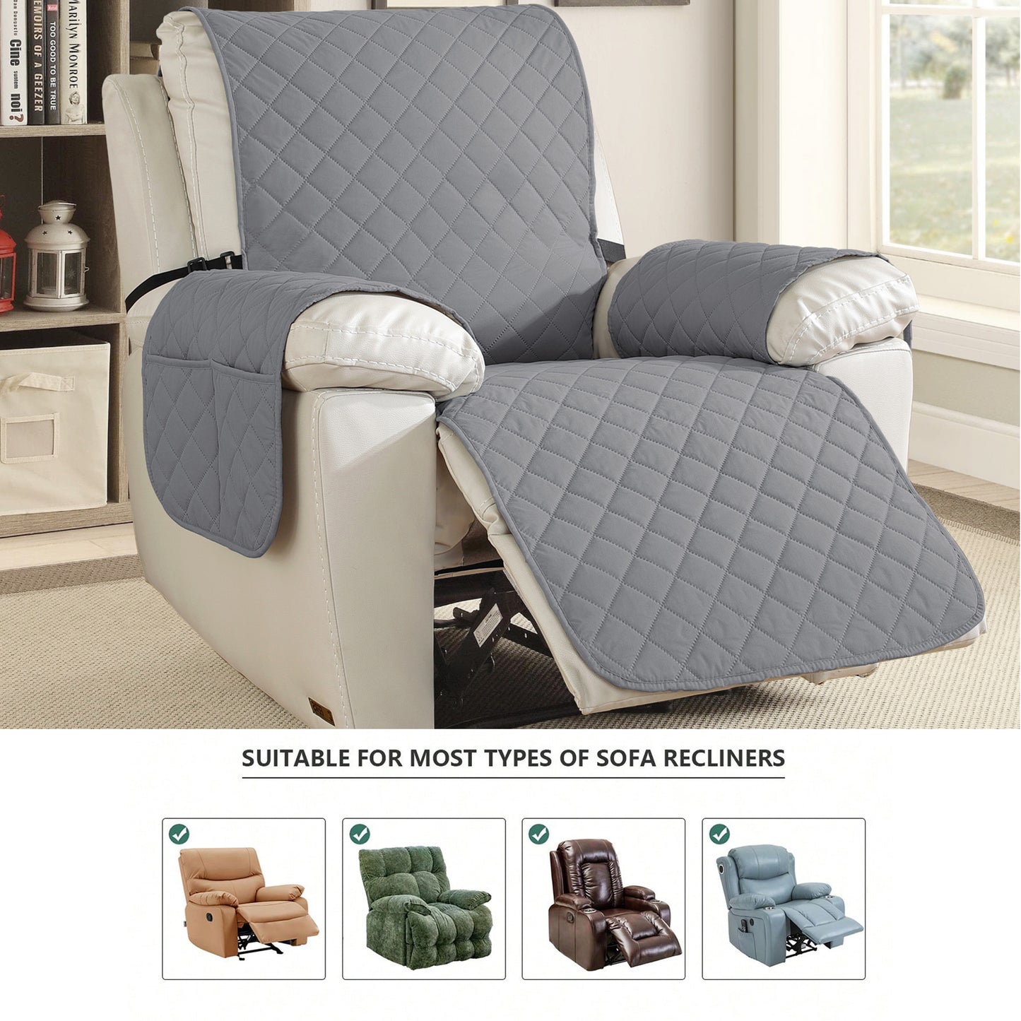 Gray recliner protector installed on chair with row of example compatible recliner styles