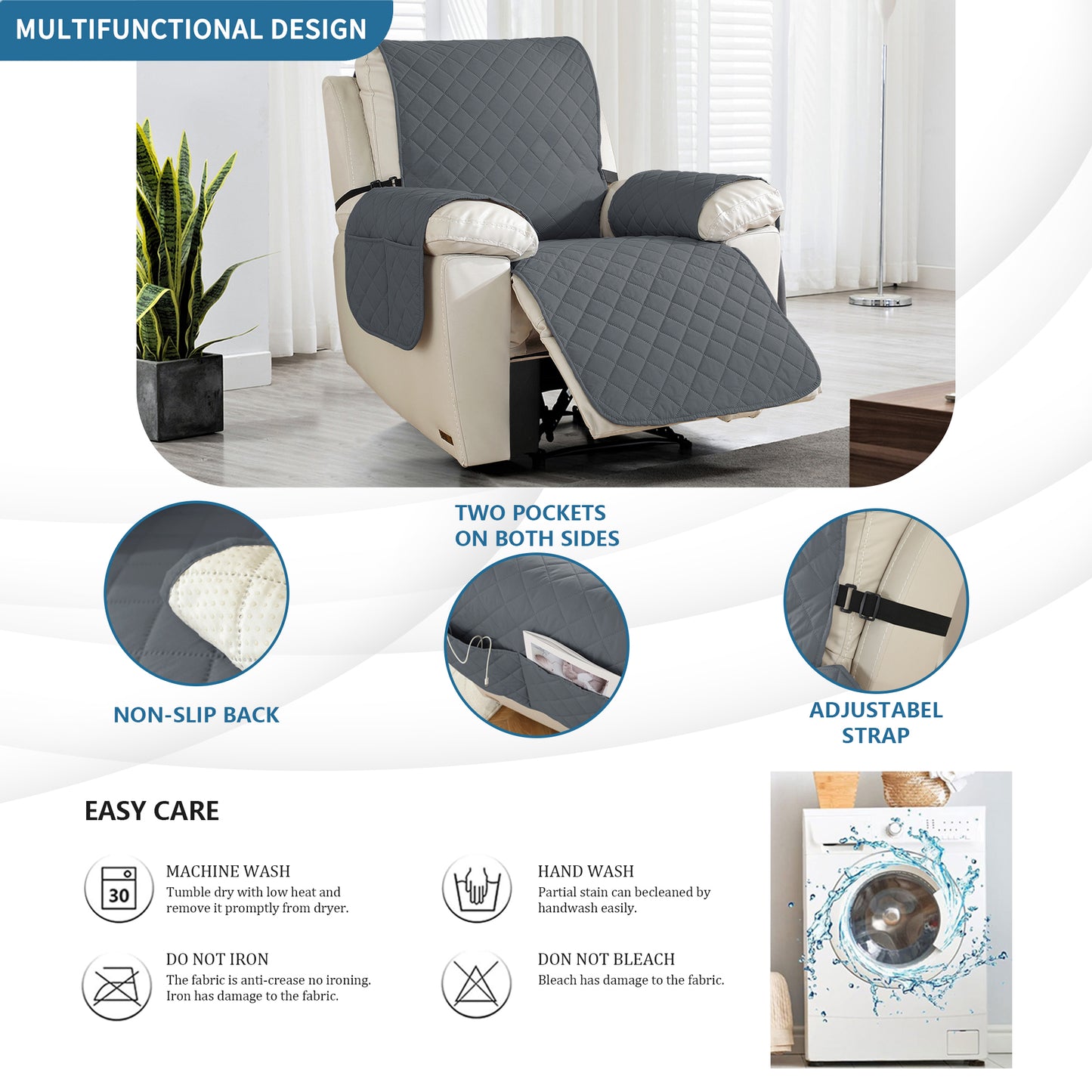 Feature collage showing non-slip backing, two side pockets, adjustable strap, and machine-wash care icons