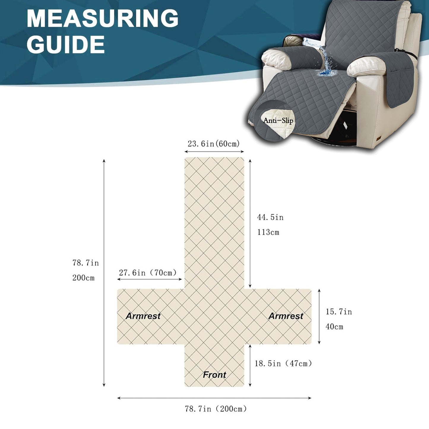 Recliner cover measuring guide showing overall 78.7×78.7 in (200×200 cm), back width 23.6 in (60 cm), arm panels 27.6×15.7 in (70×40 cm), front panel 18.5 in (47 cm)