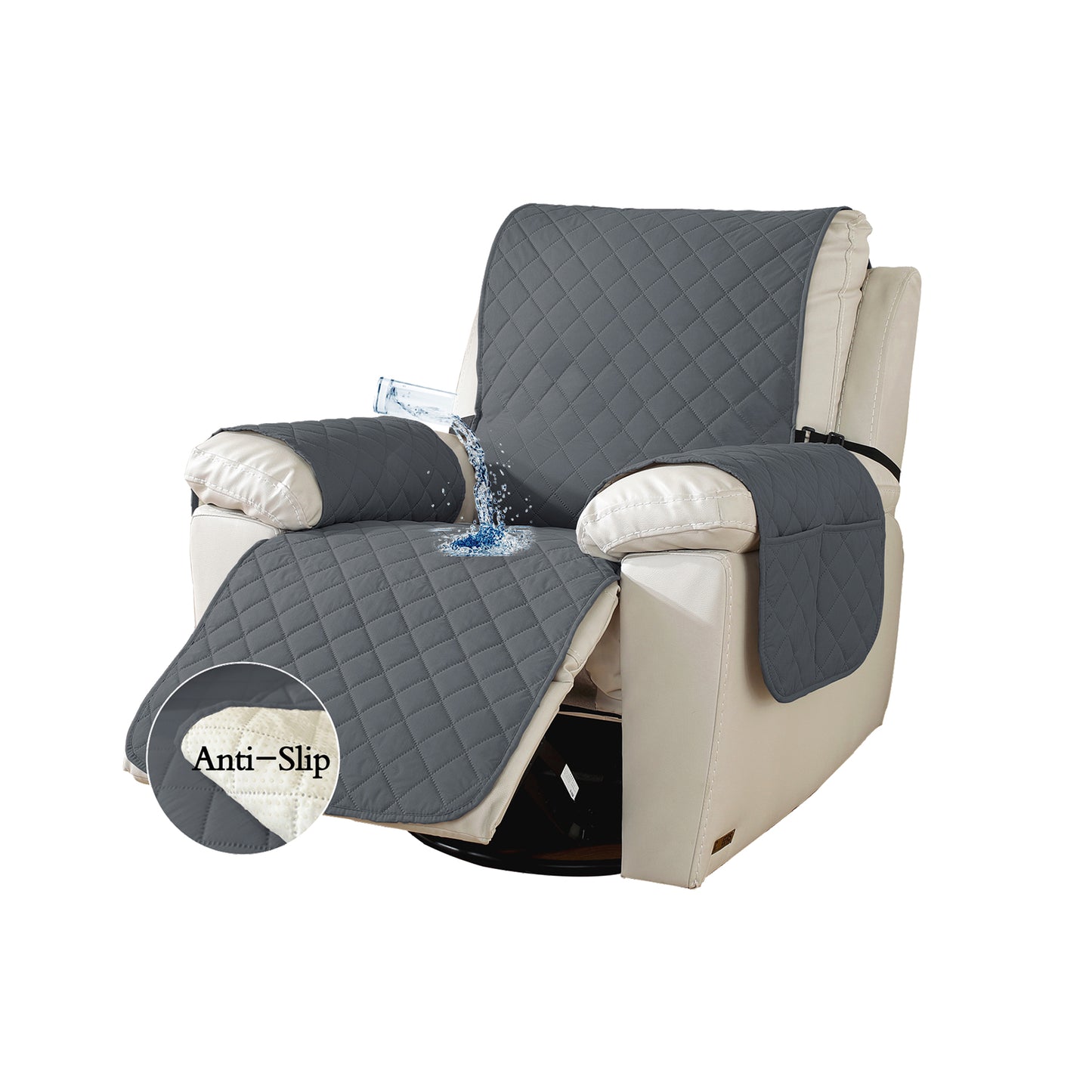 Quilted gray recliner cover on beige chair with liquid splash demonstration and small anti-slip backing inset