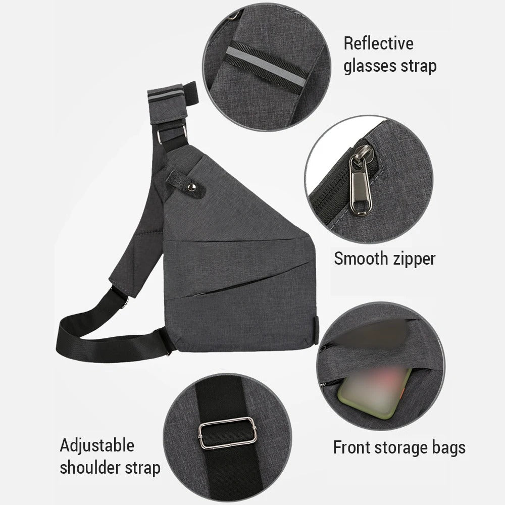 Annotated features of a gray sling shoulder bag including adjustable shoulder strap, smooth zipper, front storage pockets, and reflective glasses strap, laid out clearly on a white background.