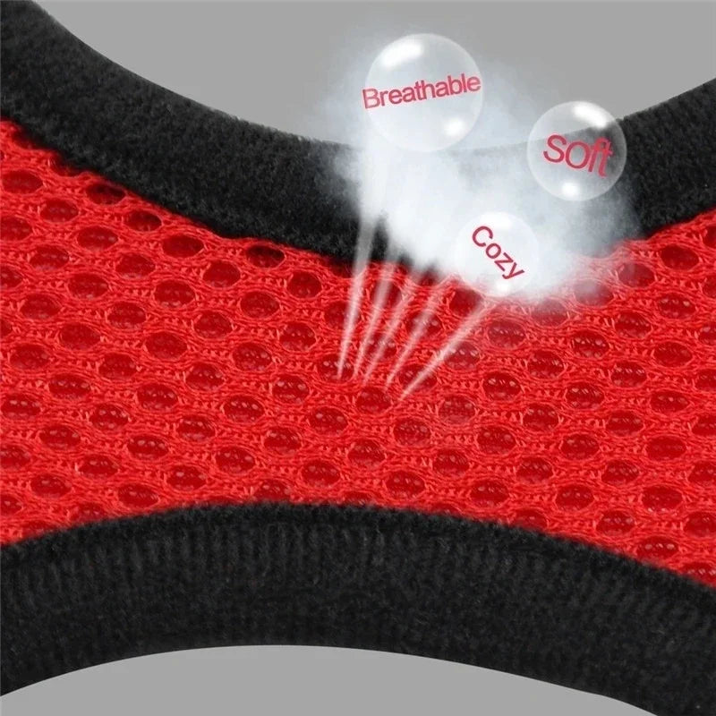 Close-up of red pet harness mesh material with breathable, soft, and cozy text effects highlighting fabric quality.