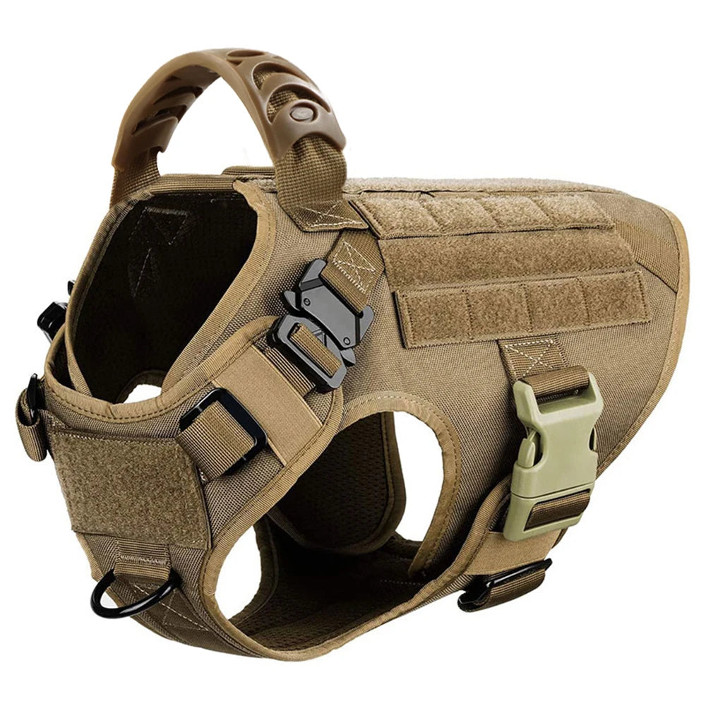 khaki tactical dog harness with molded handle, MOLLE panels, quick-release buckles, and dual D-rings — side view