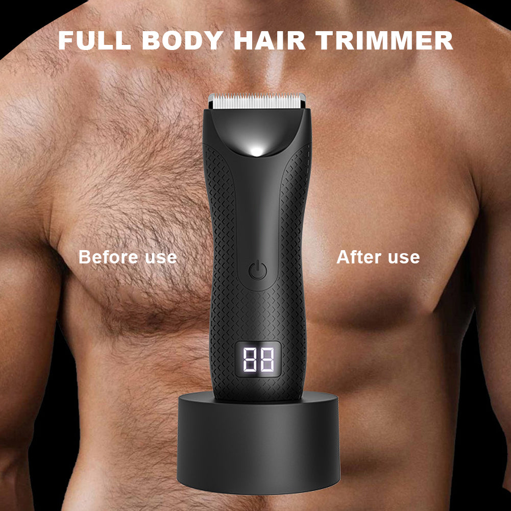 Before and after grooming comparison on male chest using the digital full-body hair trimmer.