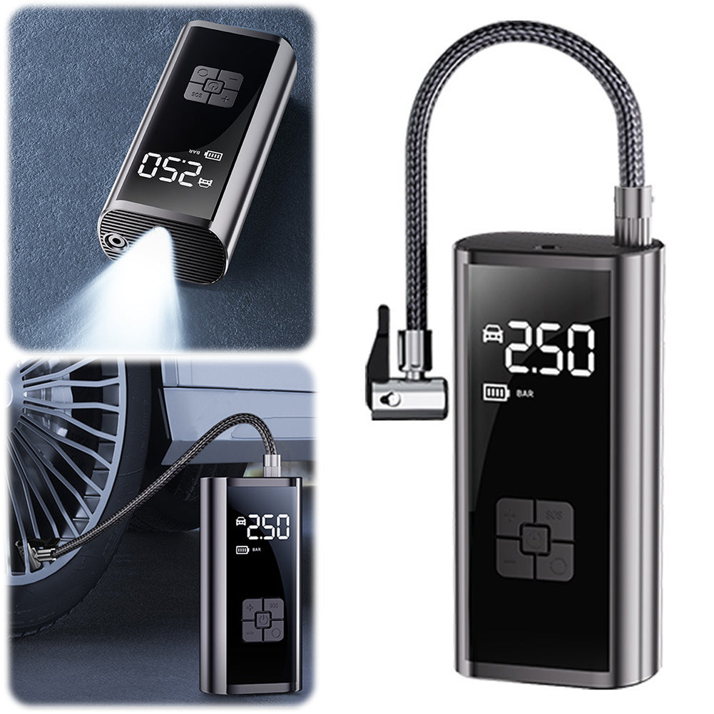 Electric tire pump with LED light and USB charging for car tire inflation
