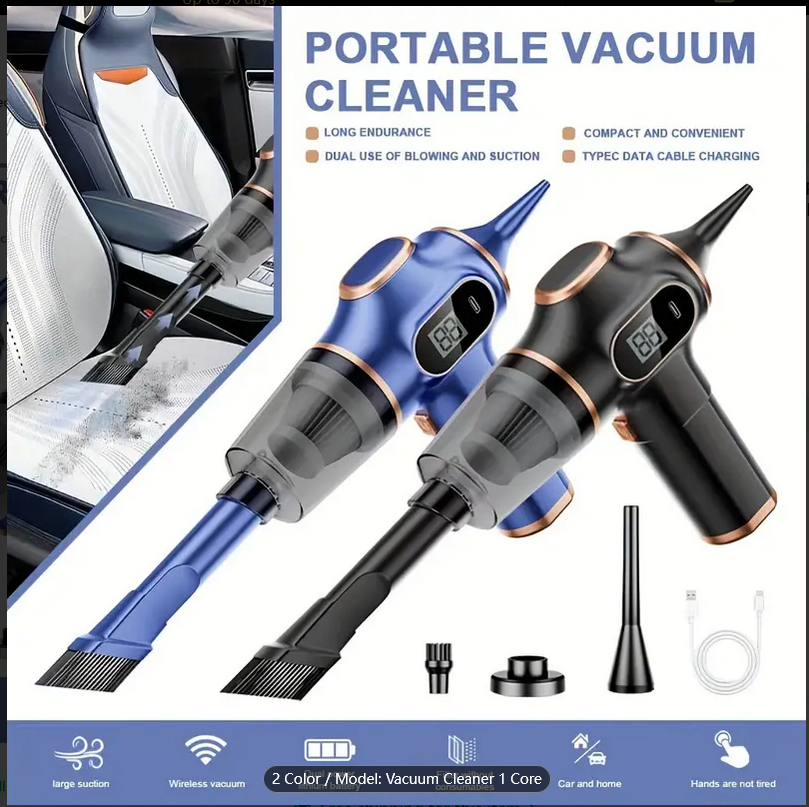 Blue and black vacuum cleaners used in car interior with feature highlights below