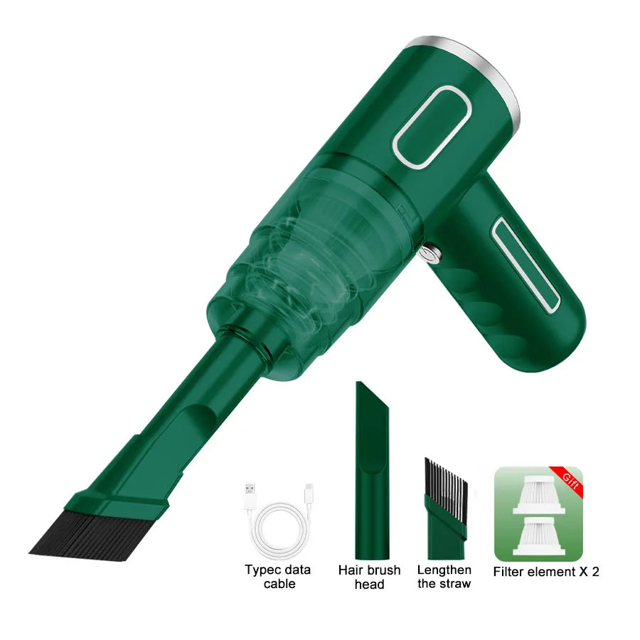 Green vacuum cleaner kit showing full accessory layout including filter, brush, and USB cable