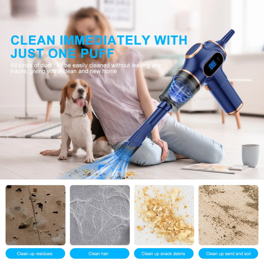 Woman with dog watching blue vacuum clean crumbs and pet hair from floor