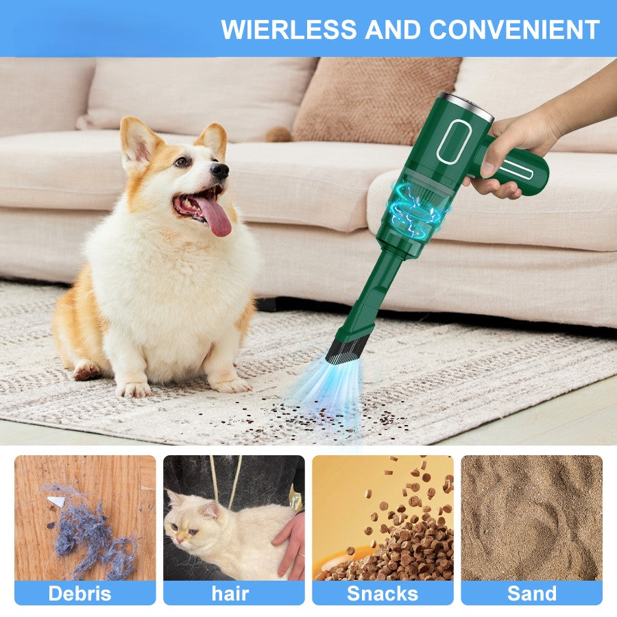 Green cordless vacuum removing pet hair near corgi with debris, snacks, and sand samples below