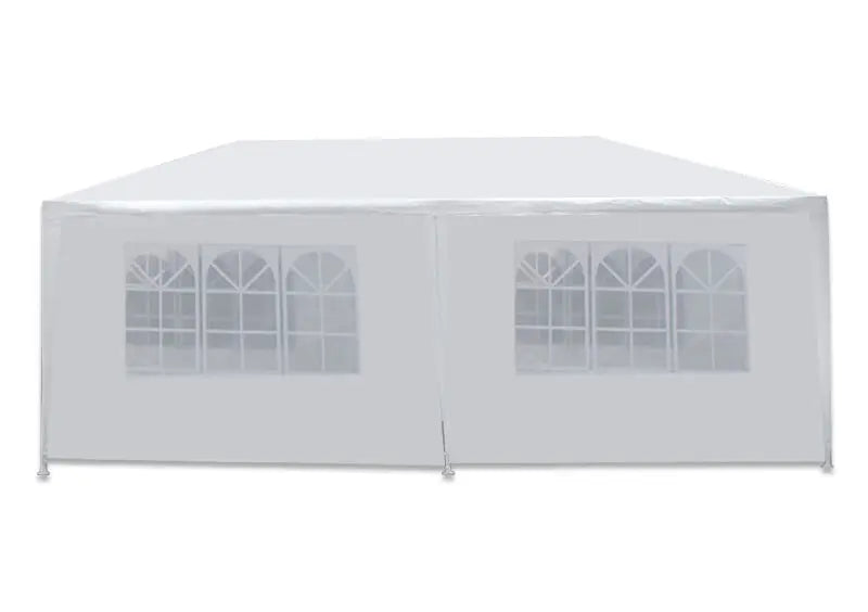 Front-facing view of the fully enclosed 10x20 tent showing four window panels.