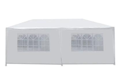 Front-facing view of the fully enclosed 10x20 tent showing four window panels.