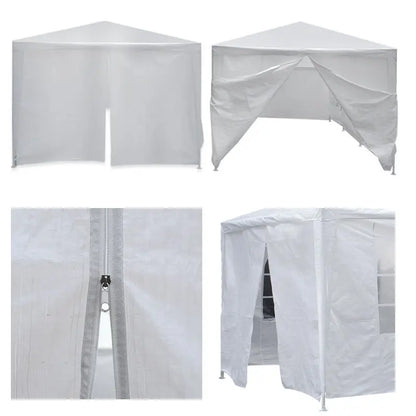 Multiple views of 10x20 tent entrances, showing zippered door options and open/closed configurations.