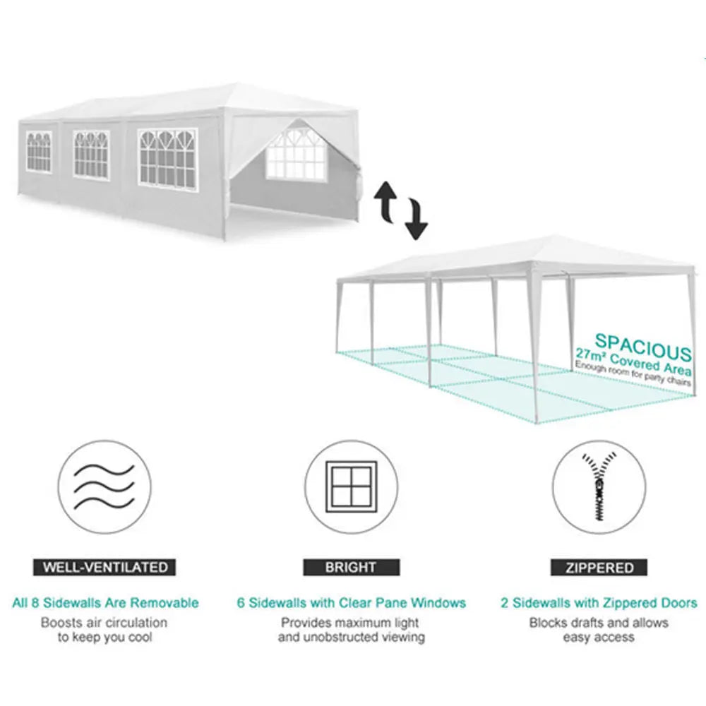 Illustration of 10x20 event tent highlighting removable sidewalls, zippered doors, clear pane windows, and 27m² covered area.