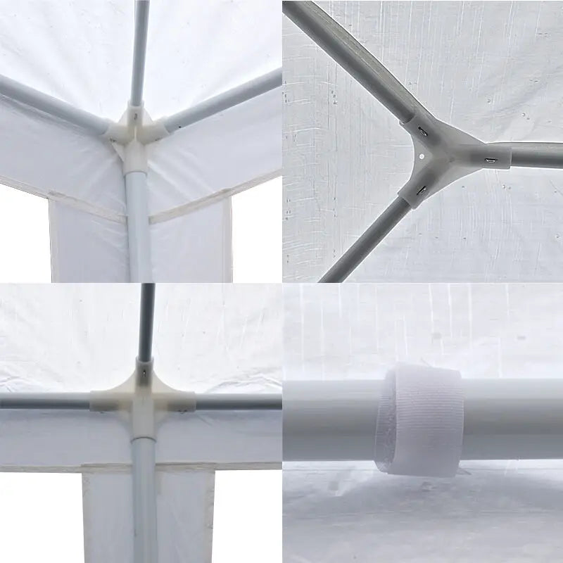 Close-up collage of steel frame joints and Velcro straps inside the 10x20 white canopy tent.