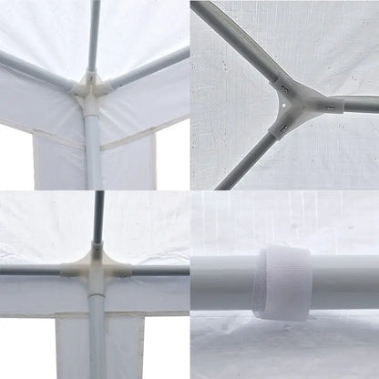 Close-up collage of steel frame joints and Velcro straps inside the 10x20 white canopy tent.