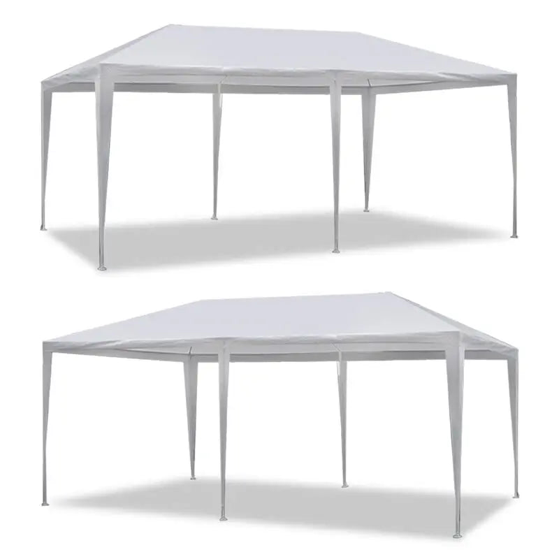 Two angles of the 10x20 tent with frame setup and canopy only, no sidewalls attached.
