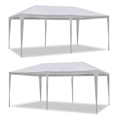 Two angles of the 10x20 tent with frame setup and canopy only, no sidewalls attached.