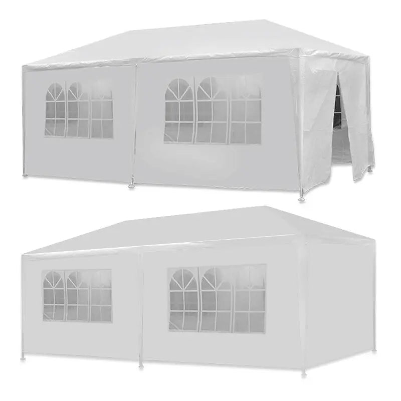 Two views of the tent with pane windows and zippered door panels attached.