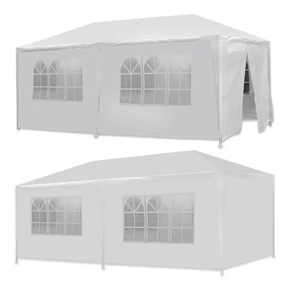 Two views of the tent with pane windows and zippered door panels attached.