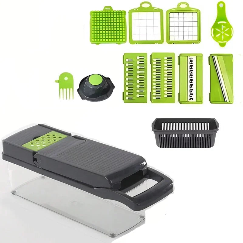 14-piece kitchen tool set with a mandoline slicer and various attachments on a white background.