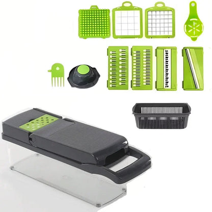 14-piece kitchen tool set with a mandoline slicer and various attachments on a white background.