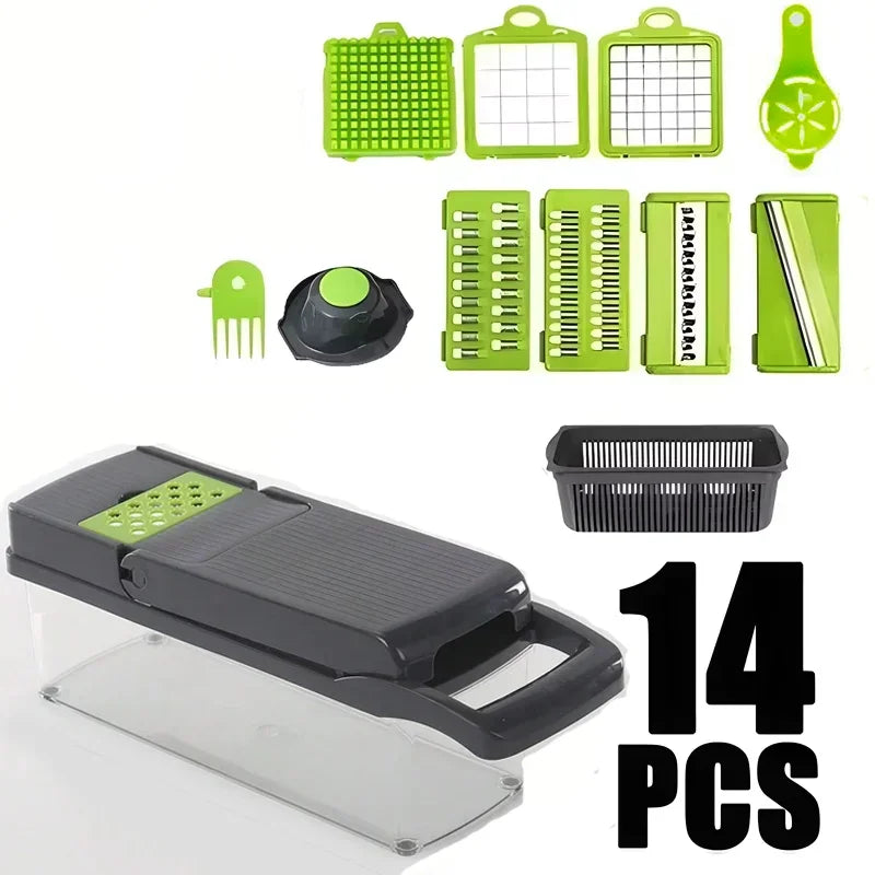 14 set Vegetable chopper set with various attachments on a white background
