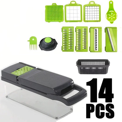 14 set Vegetable chopper set with various attachments on a white background