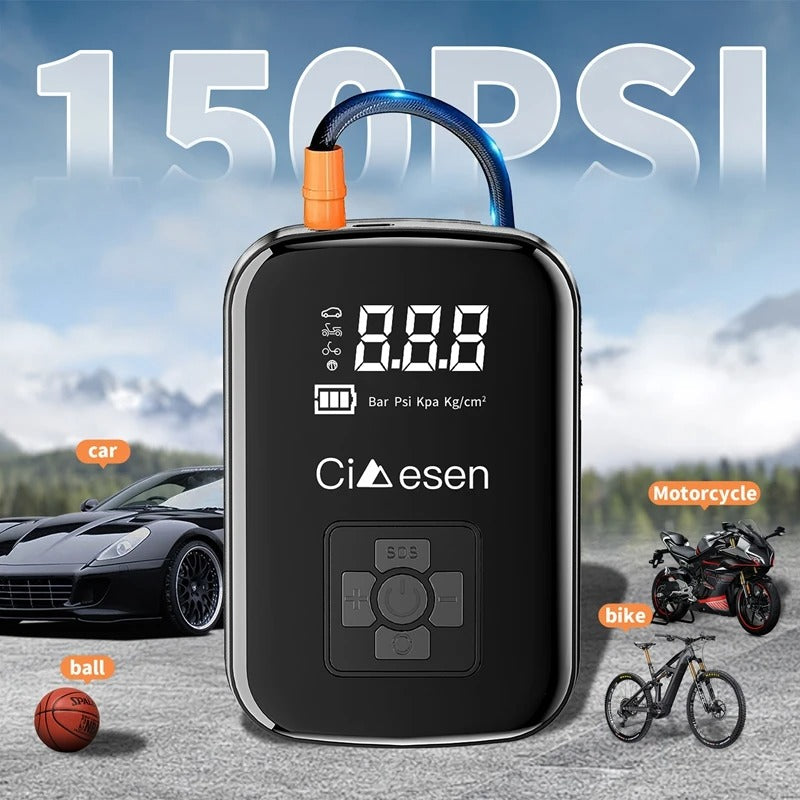 150PSI digital air pump with icons showing compatibility for car, motorcycle, bike, and sports balls.