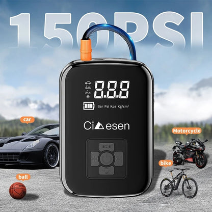 150PSI digital air pump with icons showing compatibility for car, motorcycle, bike, and sports balls.