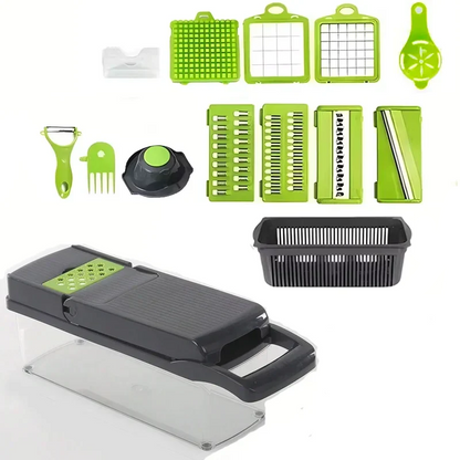 16-piece kitchen tool set with a mandoline slicer and various attachments on a white background.