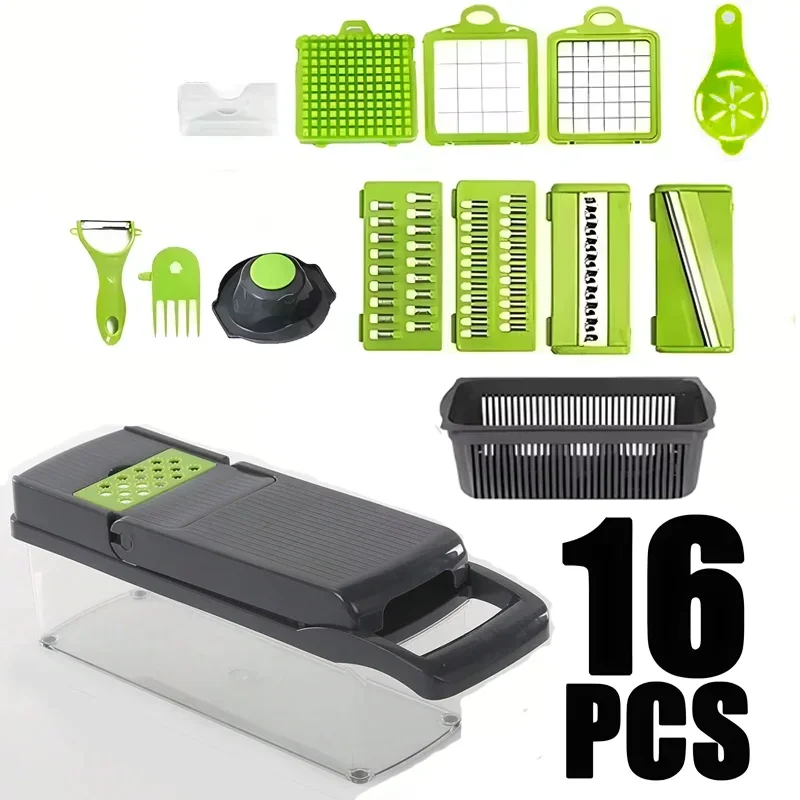 "16-piece kitchen slicer tool set with a mandoline slicer and various attachments on a white background.