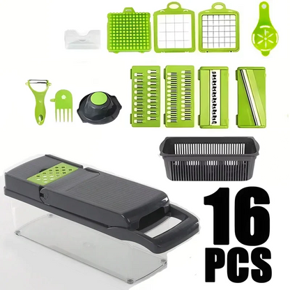 "16-piece kitchen slicer tool set with a mandoline slicer and various attachments on a white background.