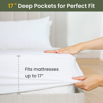 Hands stretching Fairpeak waterproof mattress protector over a mattress, showing its deep 17-inch pocket fit for secure coverage.