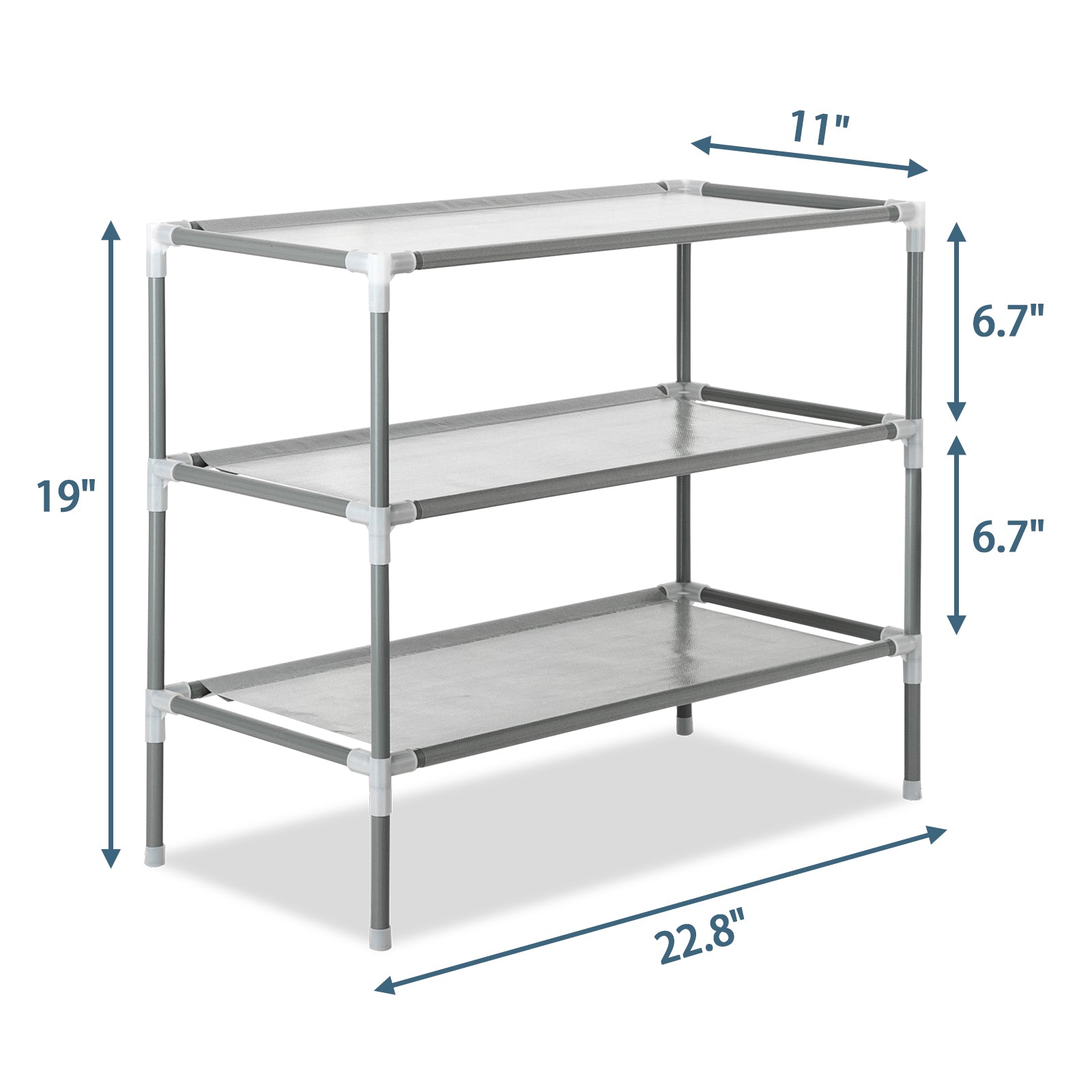 Measurement diagram of the gray 3-tier shoe rack showing overall dimensions and height between each tier.