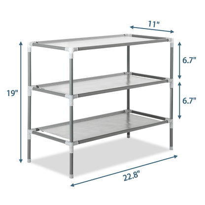 Measurement diagram of the gray 3-tier shoe rack showing overall dimensions and height between each tier.