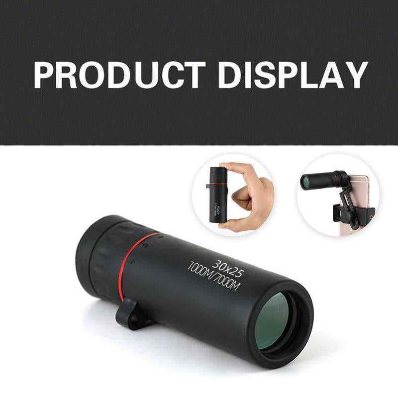 Handheld black monocular telescope with 30x25 magnification, shown with compact grip and smartphone mount accessory