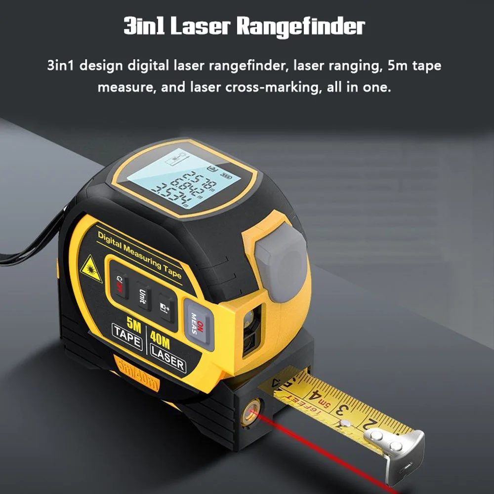 Yellow 3-in-1 laser rangefinder with 5m tape extended on workbench