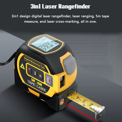 Yellow 3-in-1 laser rangefinder with 5m tape extended on workbench