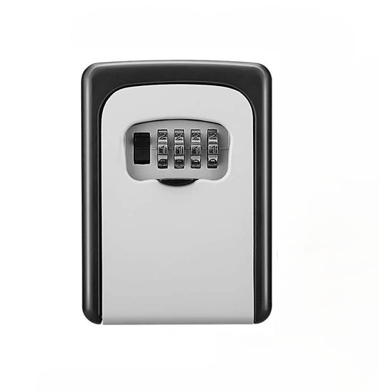 Clean product photo of the key lock box in a closed position with visible 4-digit combination dial on a plain white background.	