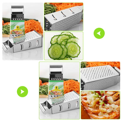 Multi-view collage of a stainless steel 4-in-1 grater, showing slicing, coarse and fine grating, and food prep results including cucumber slices and grated carrots