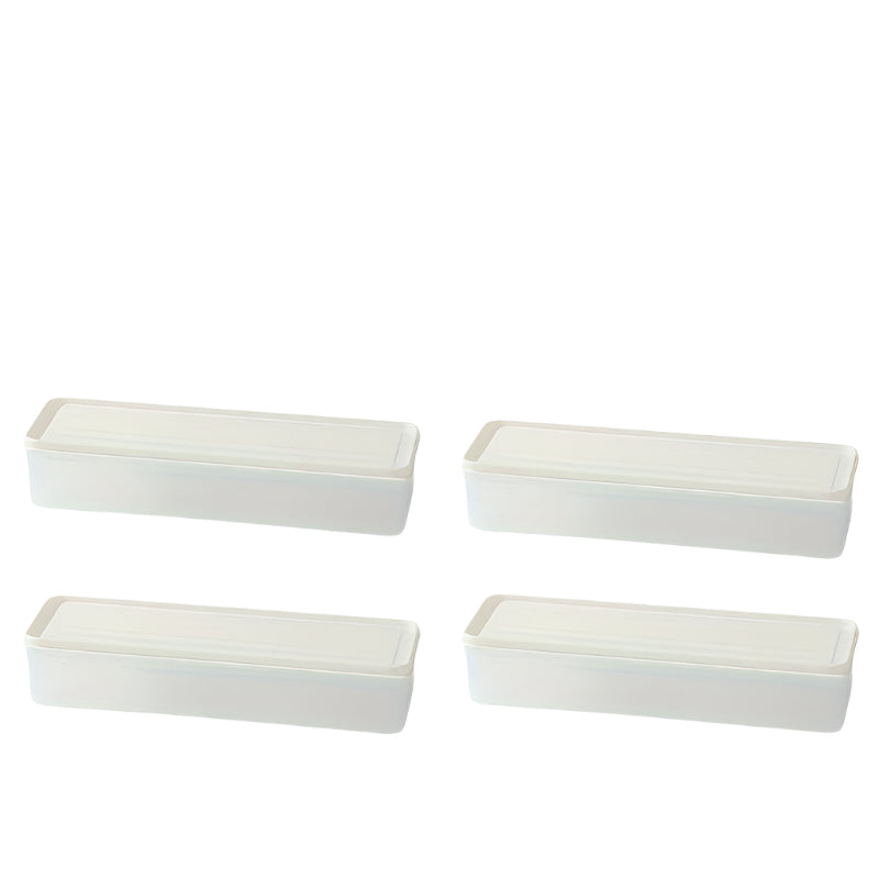 A simple product layout showing four empty long rectangular food storage containers with white lids arranged on a white background. 