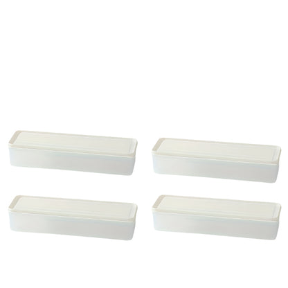 A simple product layout showing four empty long rectangular food storage containers with white lids arranged on a white background. 