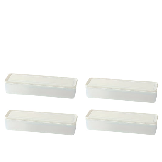 A simple product layout showing four empty long rectangular food storage containers with white lids arranged on a white background. 