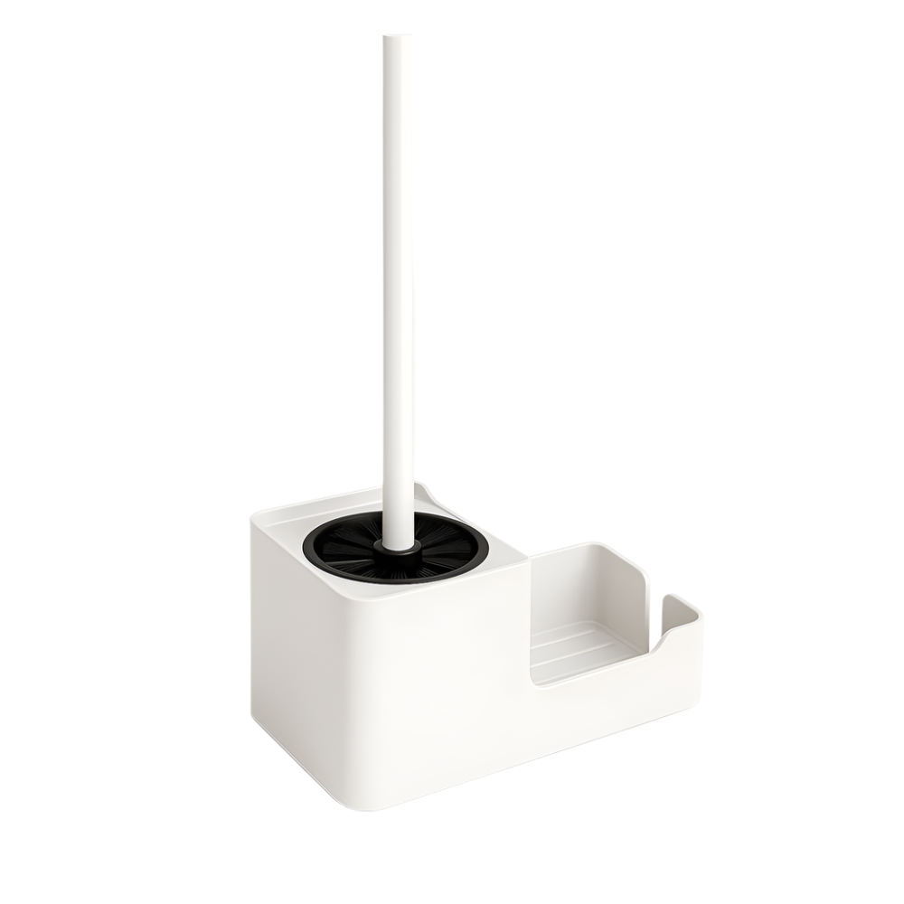 Freestanding white toilet brush with built-in storage and sleek holder in white background