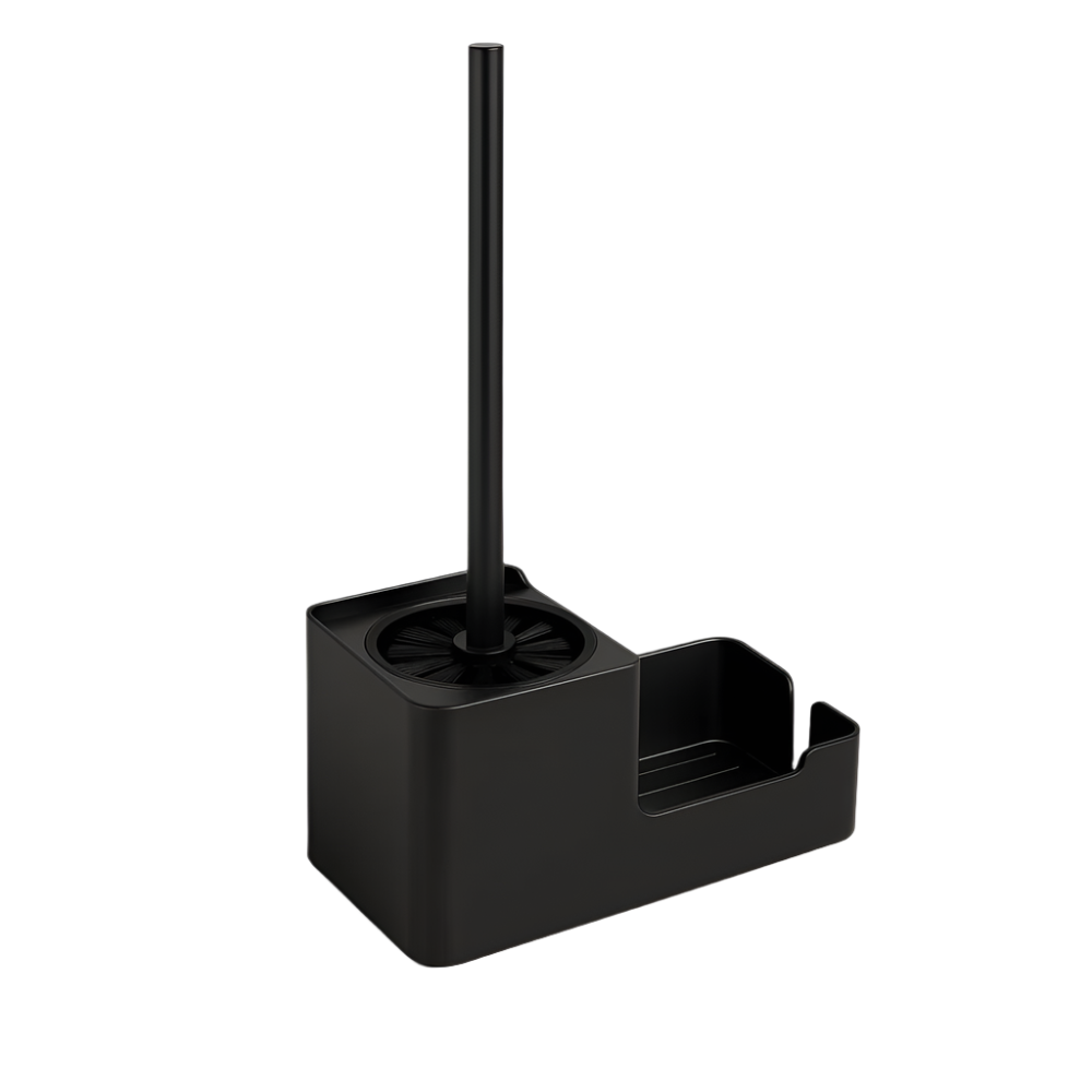 Freestanding black toilet brush with built-in storage and sleek holder in white background