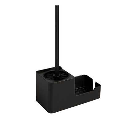 Freestanding black toilet brush with built-in storage and sleek holder in white background