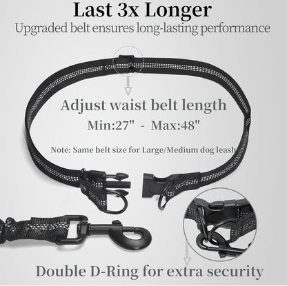 Adjustable black waist belt with double D-ring attachment and leash clip for hands-free dog walking, shown with text indicating size range 27"-48" and upgrade for durability.