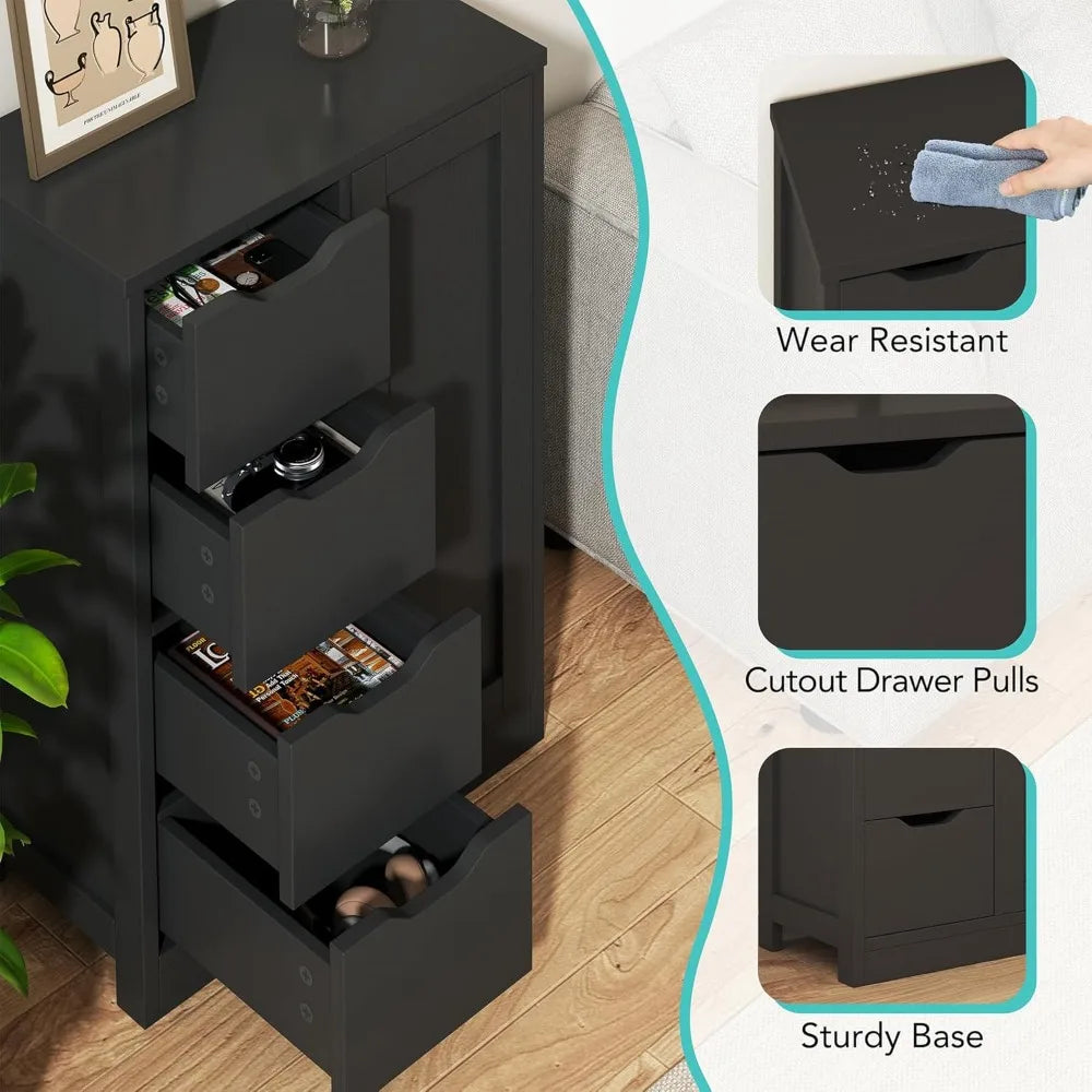 Angled view of black storage cabinet with drawers opened to show internal storage