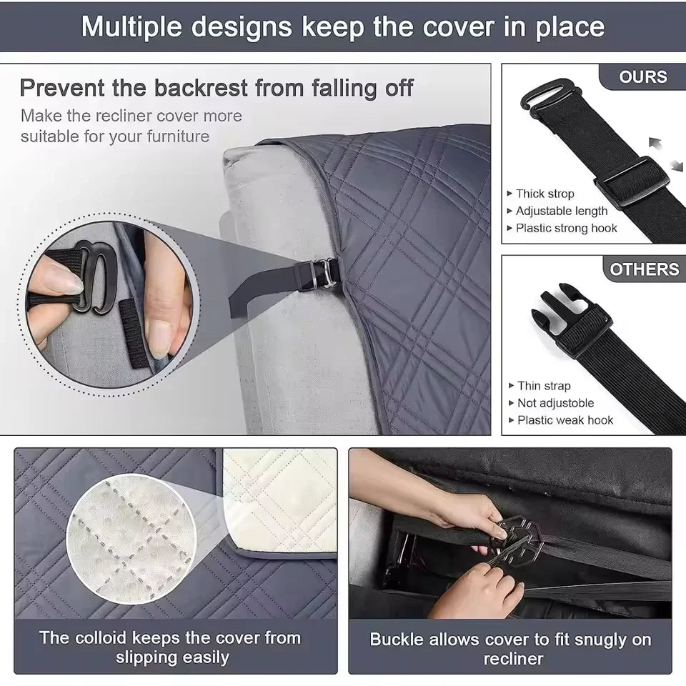 detail of adjustable back strap and hook, non-slip dotted underside, and under-seat buckle being tightened to secure the recliner cover