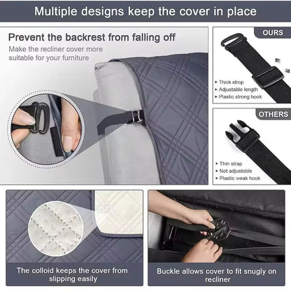 detail of adjustable back strap and hook, non-slip dotted underside, and under-seat buckle being tightened to secure the recliner cover
